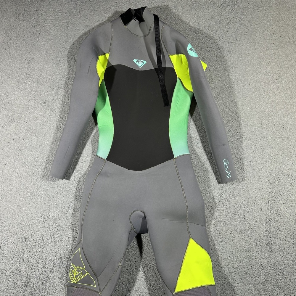Roxy Syncro F-Lock 4:3" Wetsuit Women’s 6 Small Grey/ Green Full-Body Surf Suit